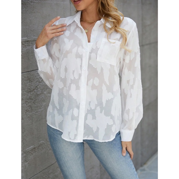 White Casual Floral Textured Shirt Sheer Button Front Down Up Long Sleeve - Picture 12 of 14
